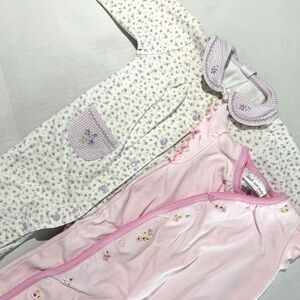 Set of 2 Vintage Baby Girls Jumpsuits, 9M Pink Purple Embroidery Cottage Floral